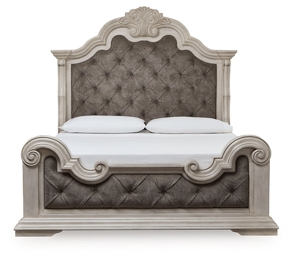 Bruchandi King Upholstered Panel Bed with Mirrored Dresser