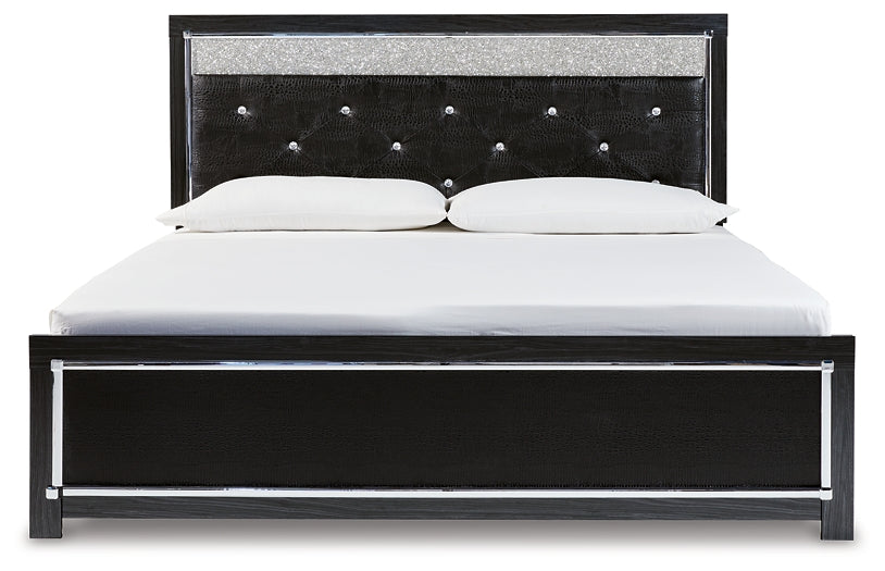 Kaydell King Upholstered Panel Platform Bed with Mirrored Dresser